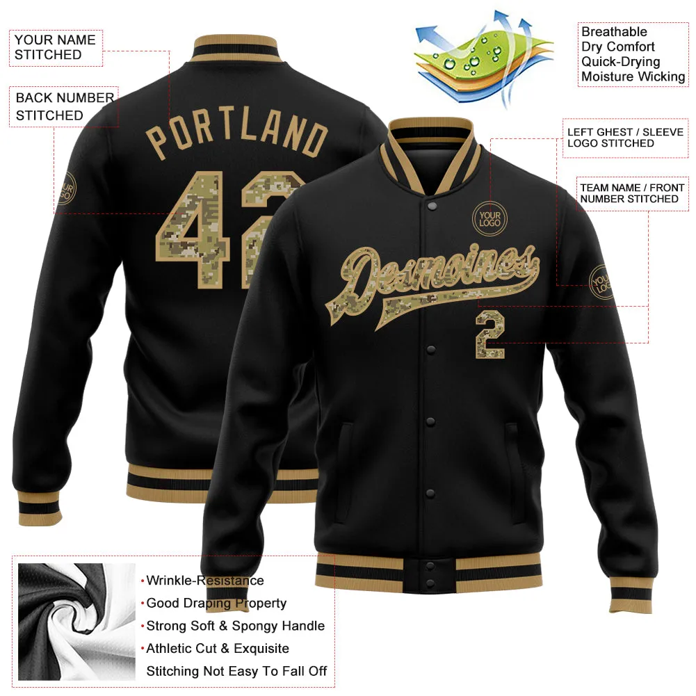 Custom Black Camo-Old Gold Bomber Full-Snap Varsity Letterman Jacket