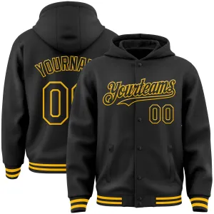 Custom Black Gold Bomber Full-Snap Varsity Letterman Hoodie Jacket