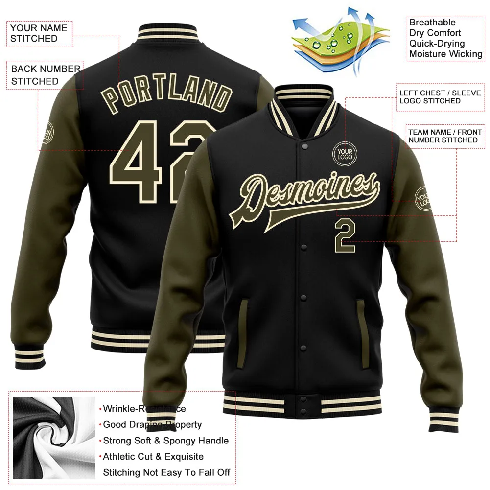 Custom Black Olive-Cream Bomber Full-Snap Varsity Letterman Two Tone Jacket