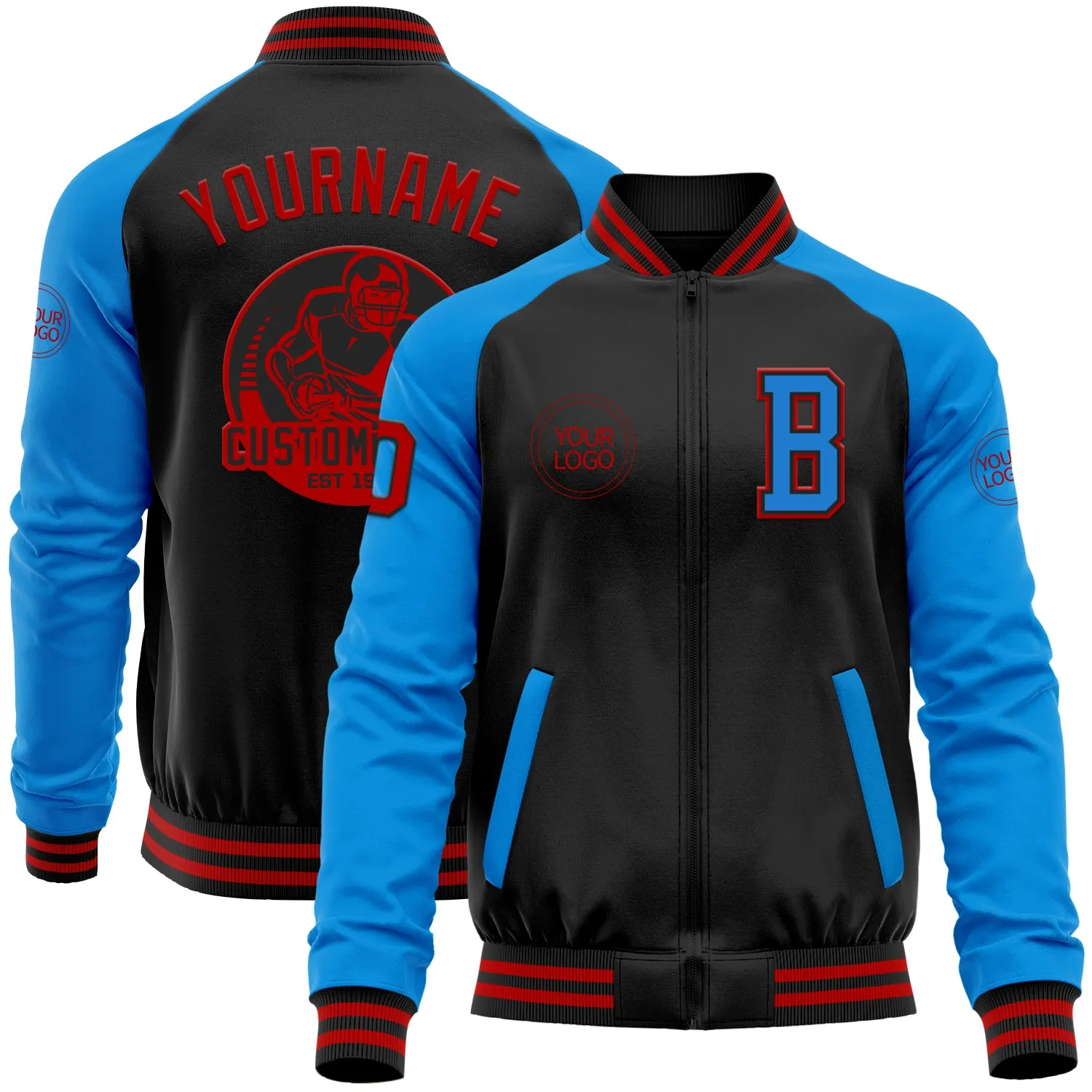 Custom Black Red-Powder Blue Bomber Varsity Letterman Two Tone Zipper Jacket