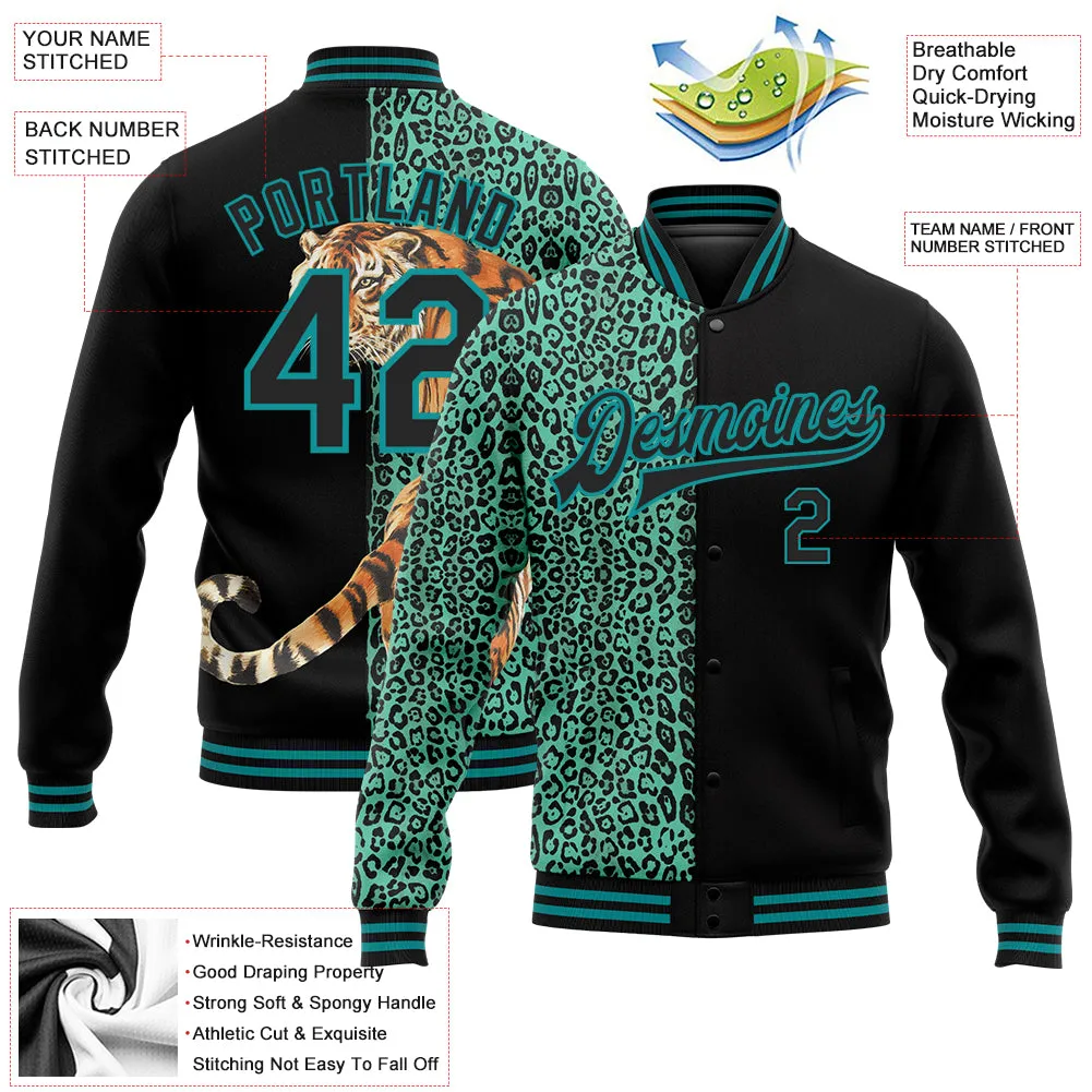 Custom Black Teal Tiger And Leopard Print 3D Pattern Design Bomber Full-Snap Varsity Letterman Jacket