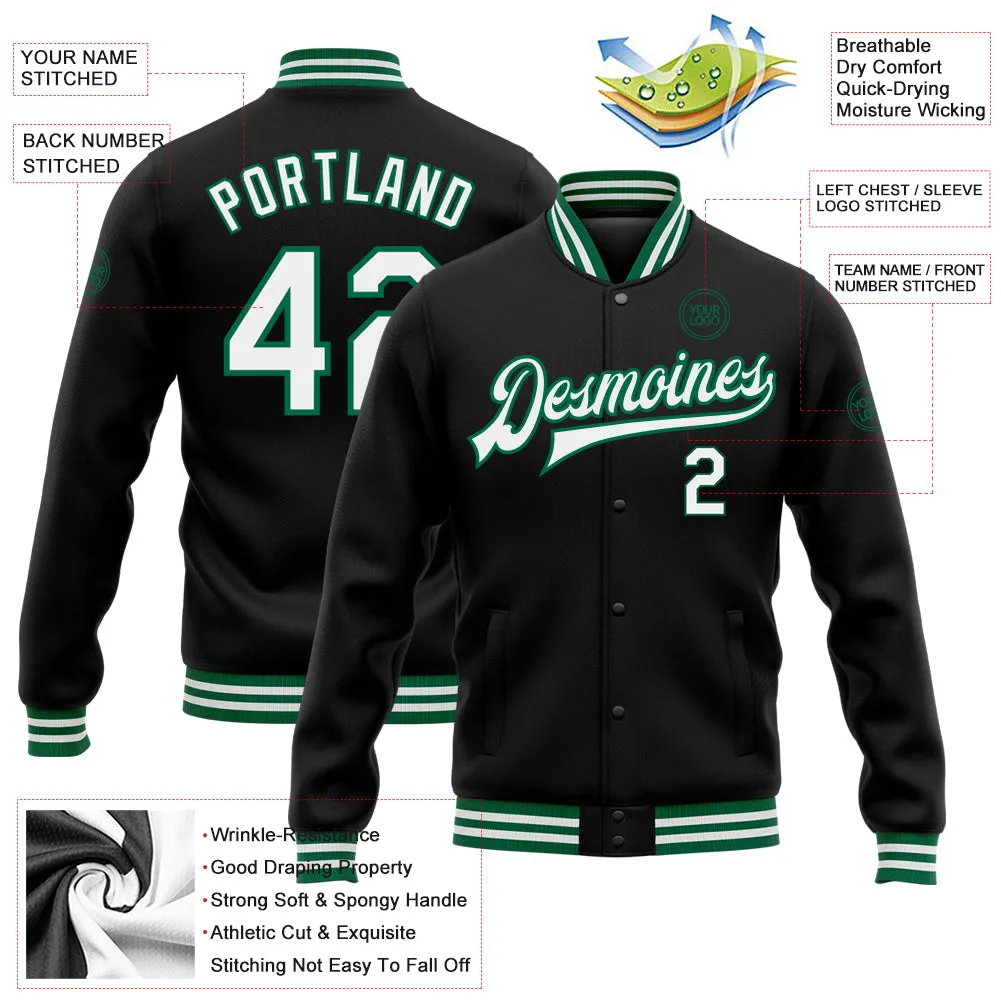 Custom Black White-Kelly Green Bomber Full-Snap Varsity Letterman Jacket