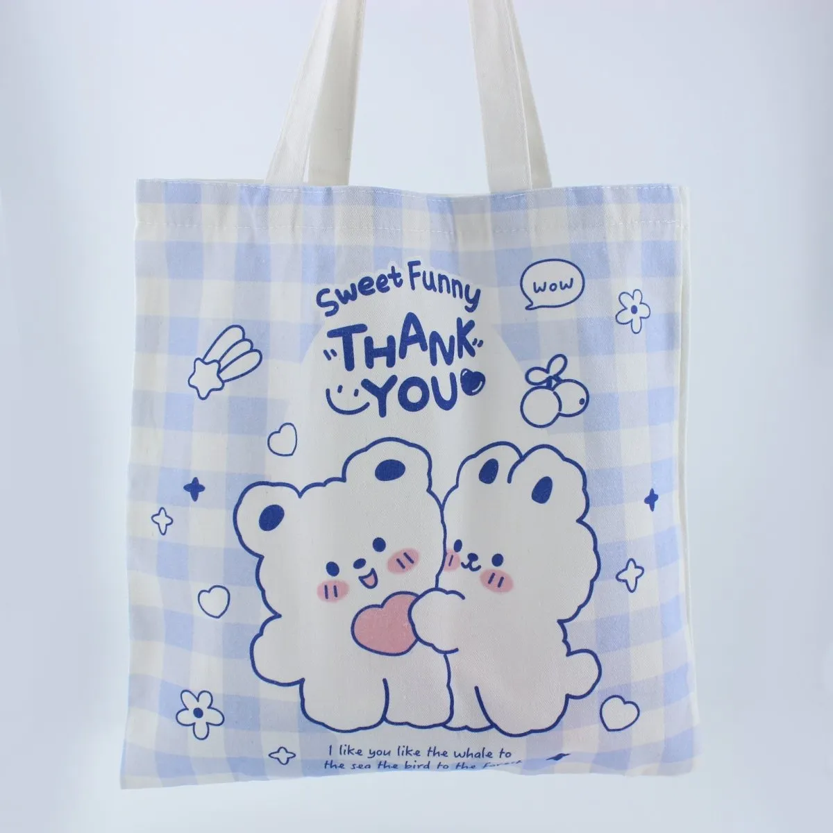 Durable Canvas Women's Tote Bag with Cute Bear & Bunny Cartoon Design