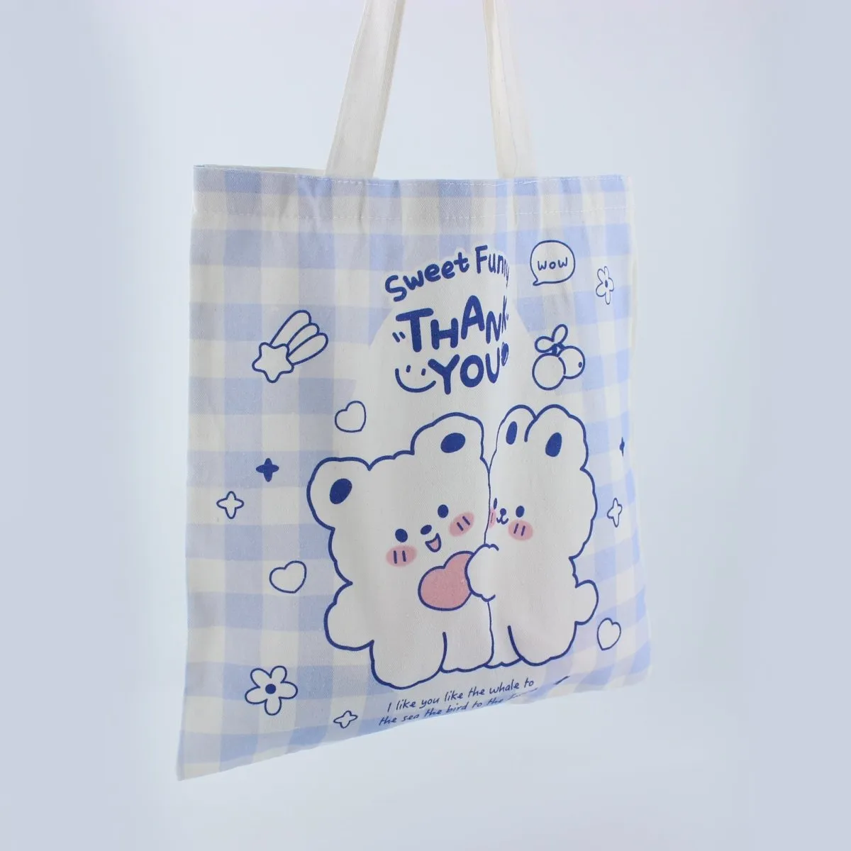 Durable Canvas Women's Tote Bag with Cute Bear & Bunny Cartoon Design