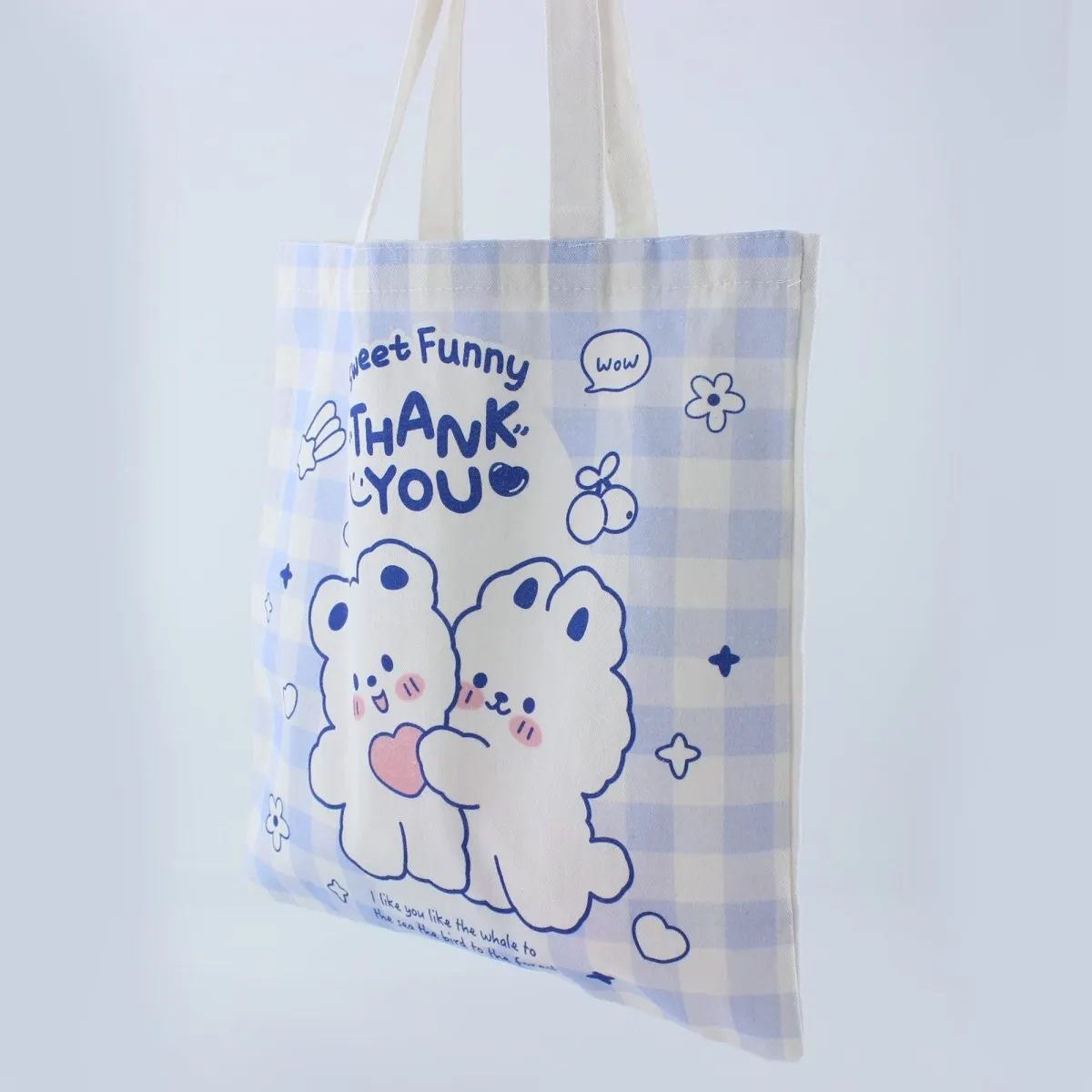 Durable Canvas Women's Tote Bag with Cute Bear & Bunny Cartoon Design