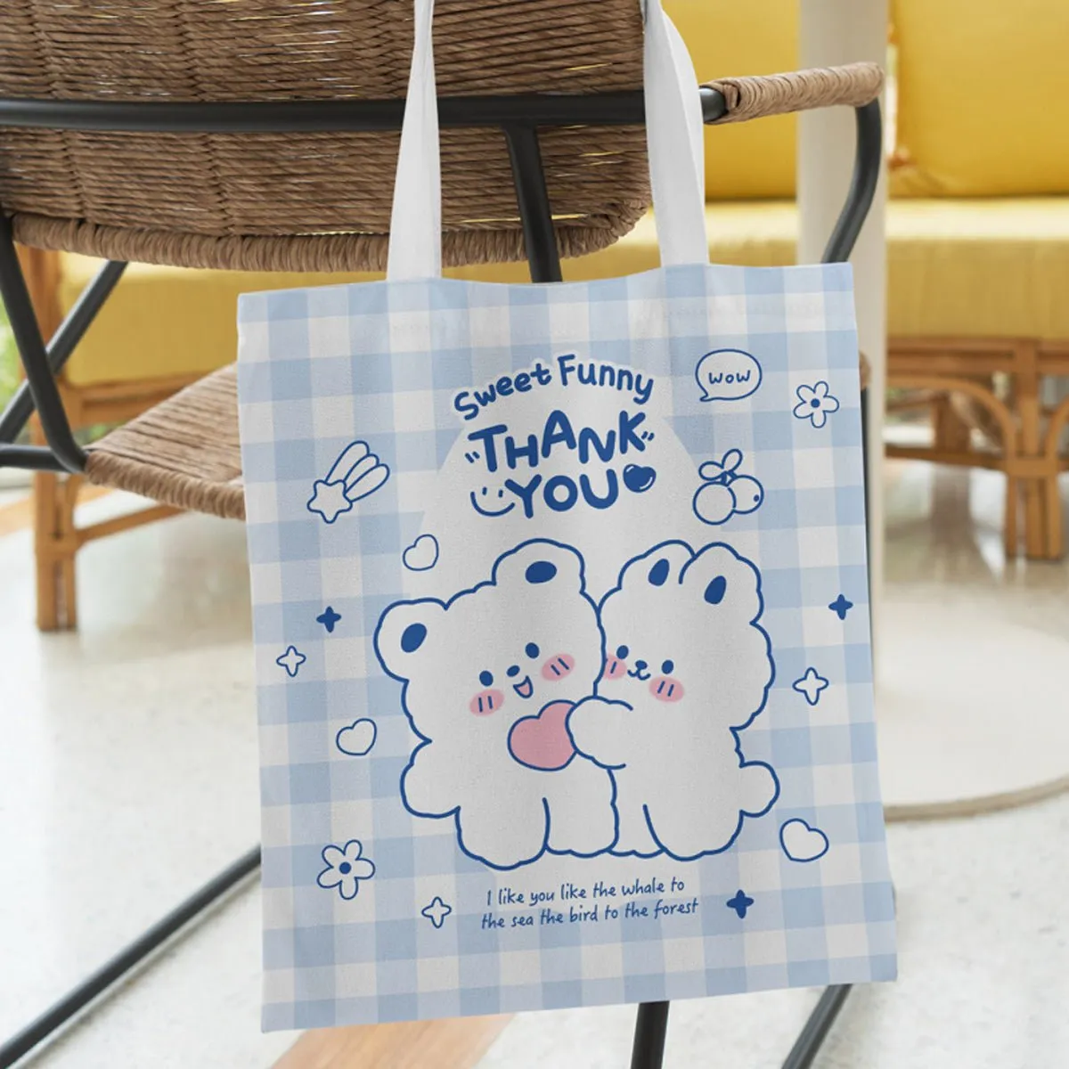 Durable Canvas Women's Tote Bag with Cute Bear & Bunny Cartoon Design