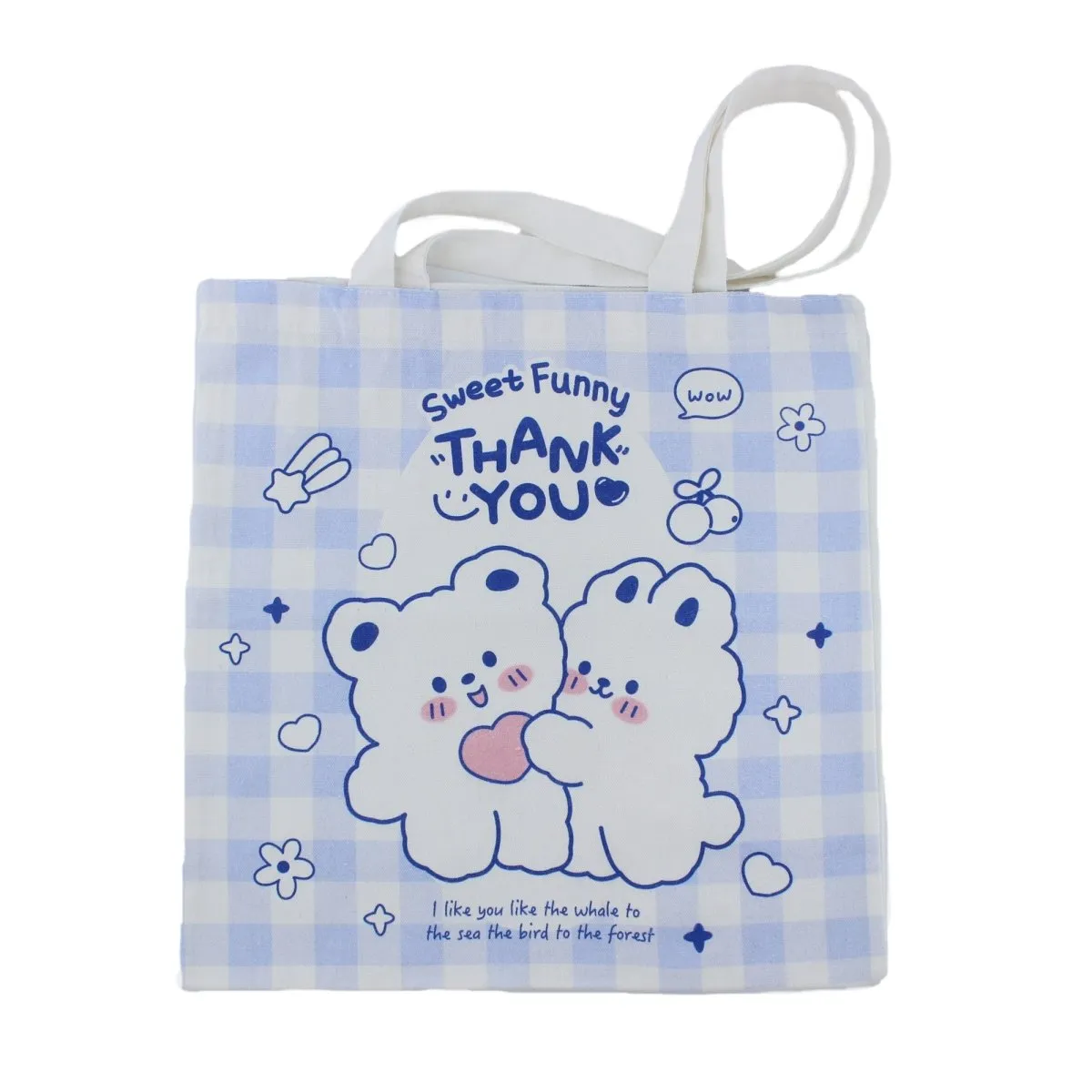 Durable Canvas Women's Tote Bag with Cute Bear & Bunny Cartoon Design