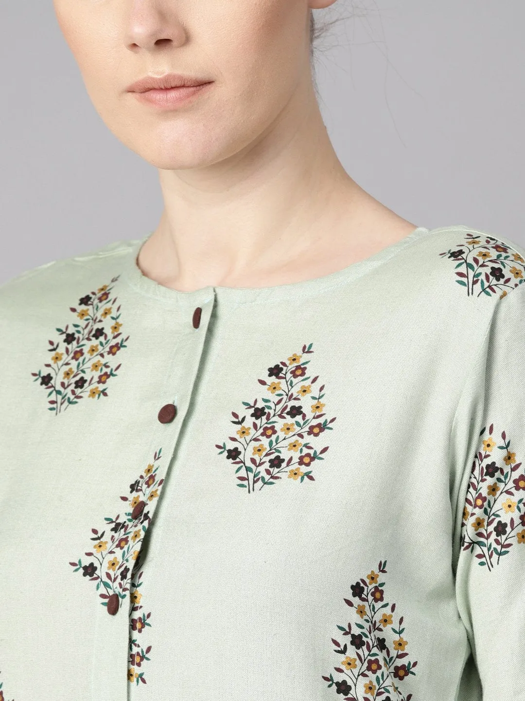 Floral printed assymetrical kurta with solid chocolate brown palazzo