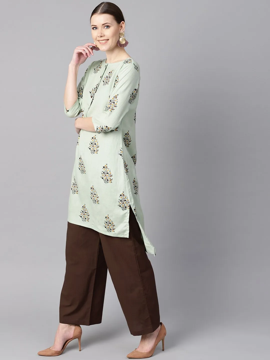 Floral printed assymetrical kurta with solid chocolate brown palazzo