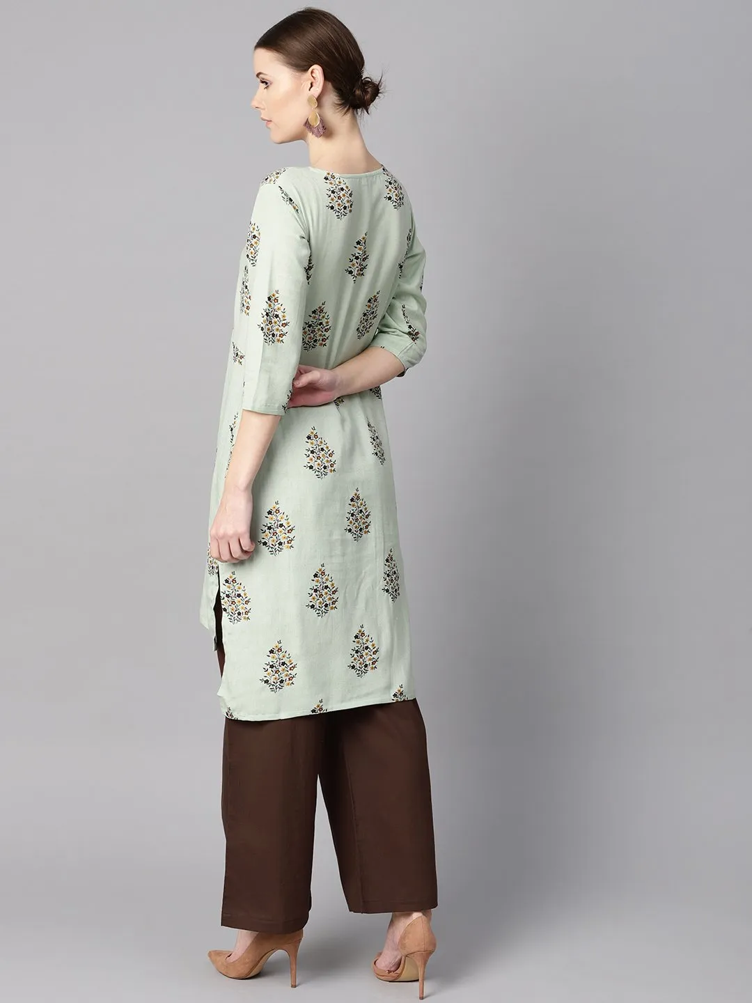 Floral printed assymetrical kurta with solid chocolate brown palazzo