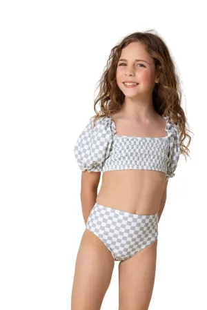 Girl's Sleeved Bikini | Green Checkered