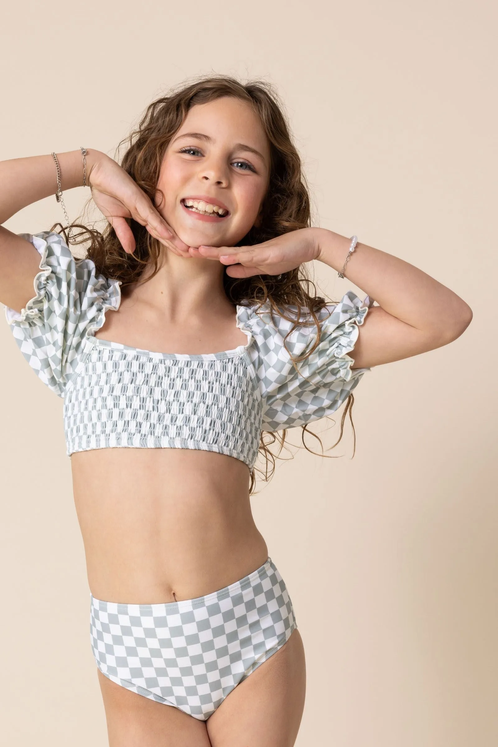 Girl's Sleeved Bikini | Green Checkered