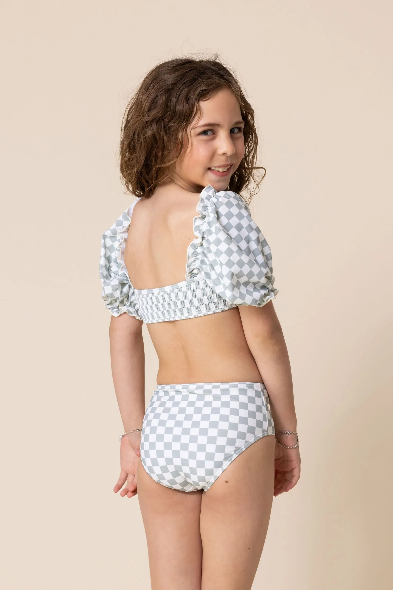 Girl's Sleeved Bikini | Green Checkered