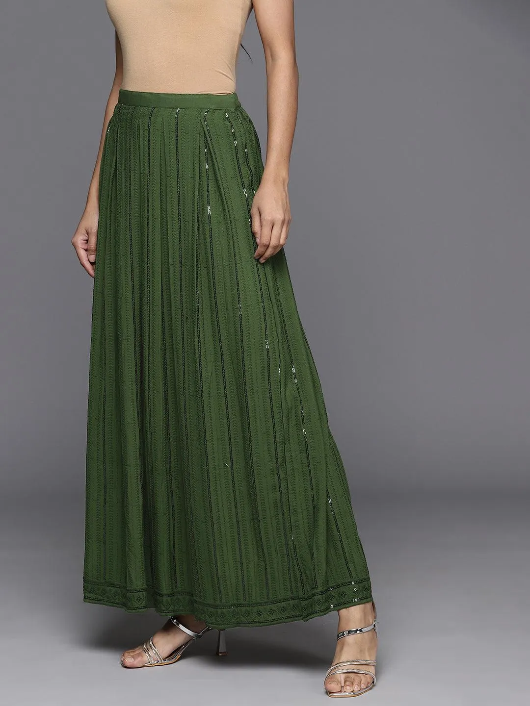 Green Embellished Rayon Skirts