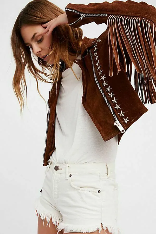 Handmade Brown Fringe Stud Jacket for women, Women studded Suede biker Jacket