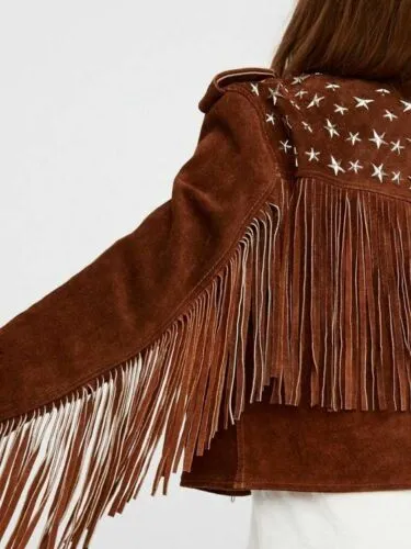 Handmade Brown Fringe Stud Jacket for women, Women studded Suede biker Jacket