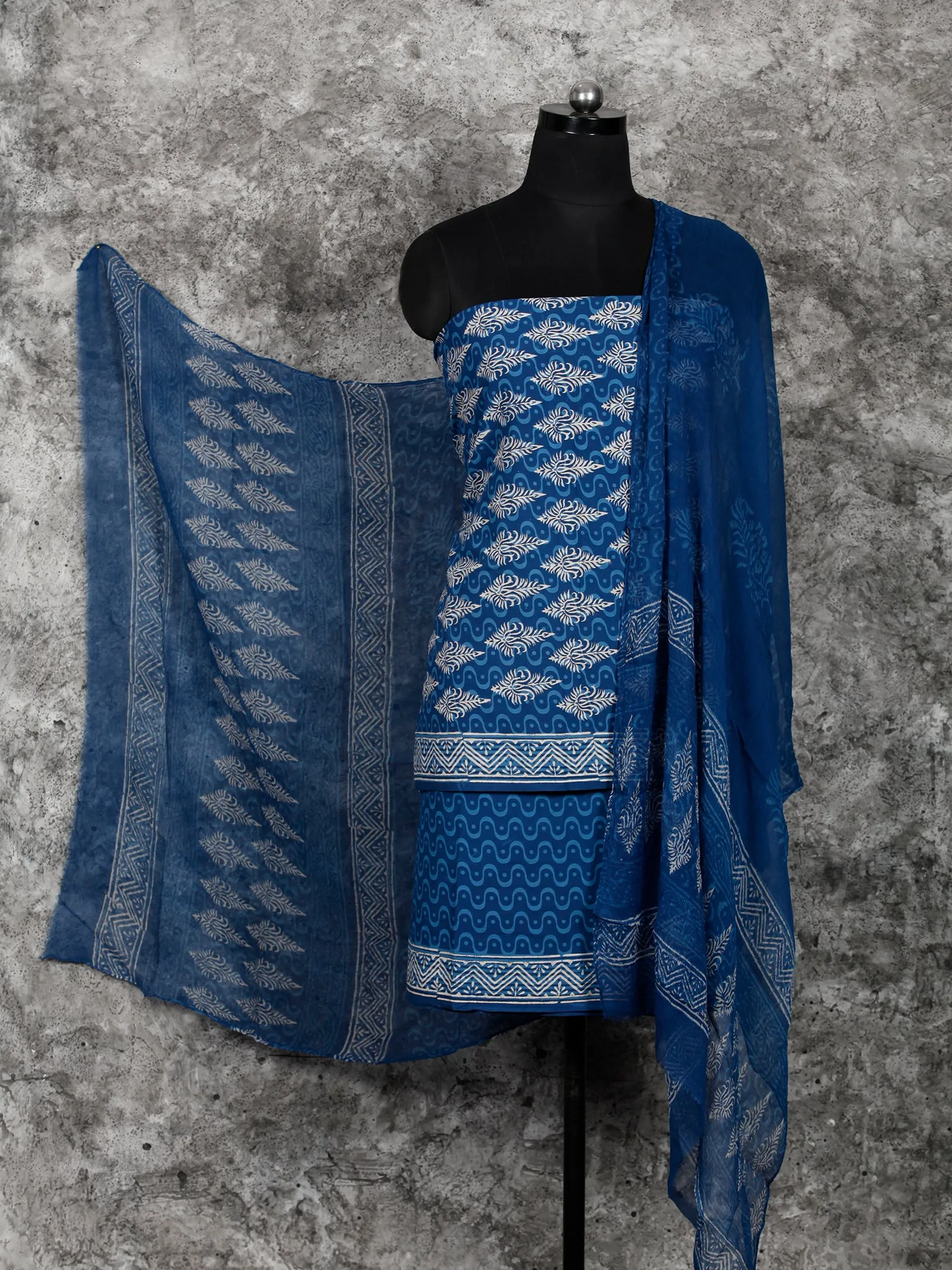 Indigo Ivory Hand Block Printed Cotton Suit-Salwar Fabric With Chiffon Dupatta (Set of 3) - SU01HB390