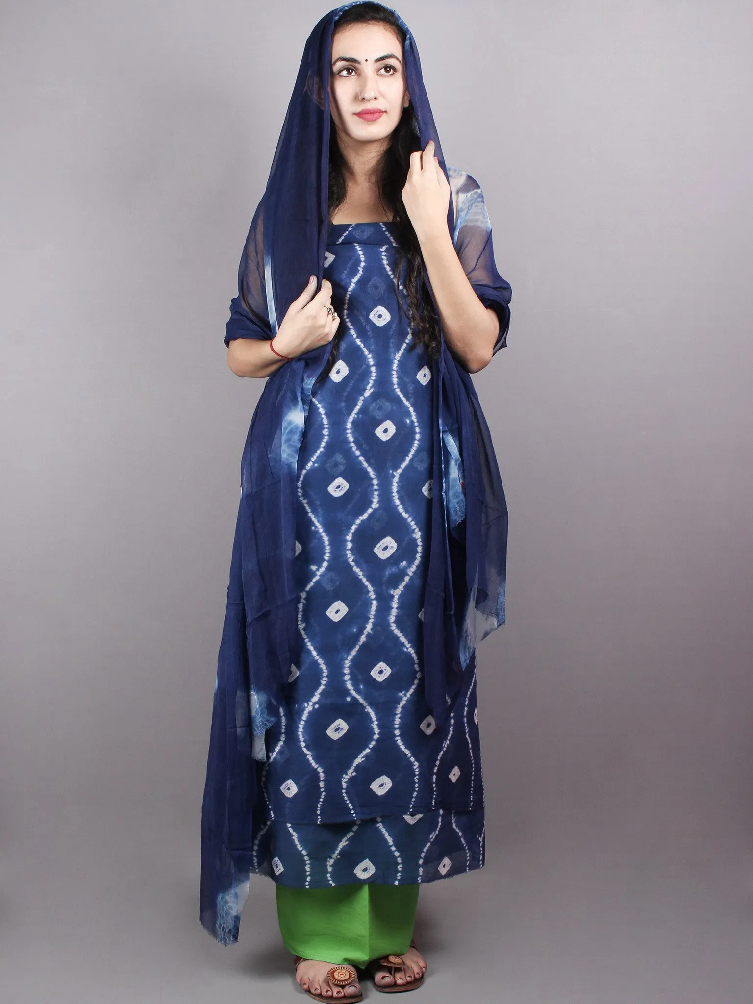 Indigo White Hand Block Printed Chanderi Unstitched Kurta & Shiffon Dupatta With Mint Green Cotton Salwar - S1628021