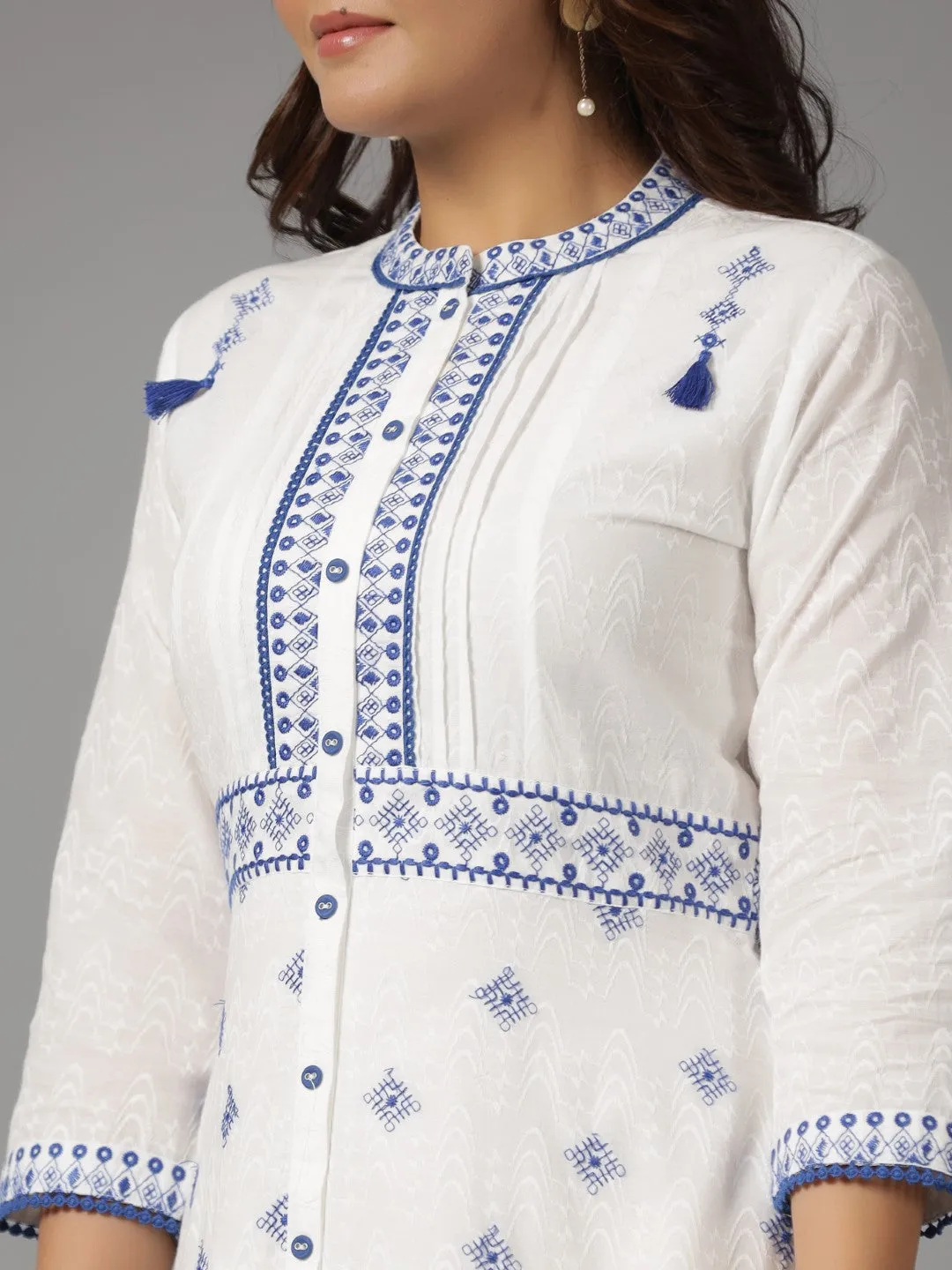 Jashvi White & Blue Cotton Dobby Ethnic Motif Embroidered Tiered Maxi Dress