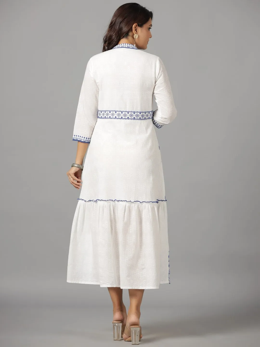 Jashvi White & Blue Cotton Dobby Ethnic Motif Embroidered Tiered Maxi Dress