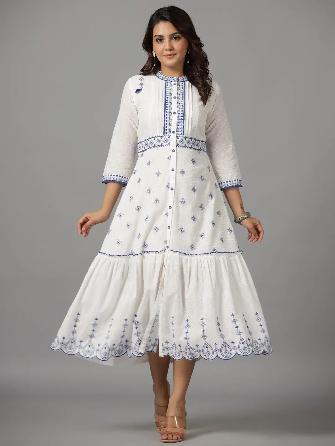 Jashvi White & Blue Cotton Dobby Ethnic Motif Embroidered Tiered Maxi Dress