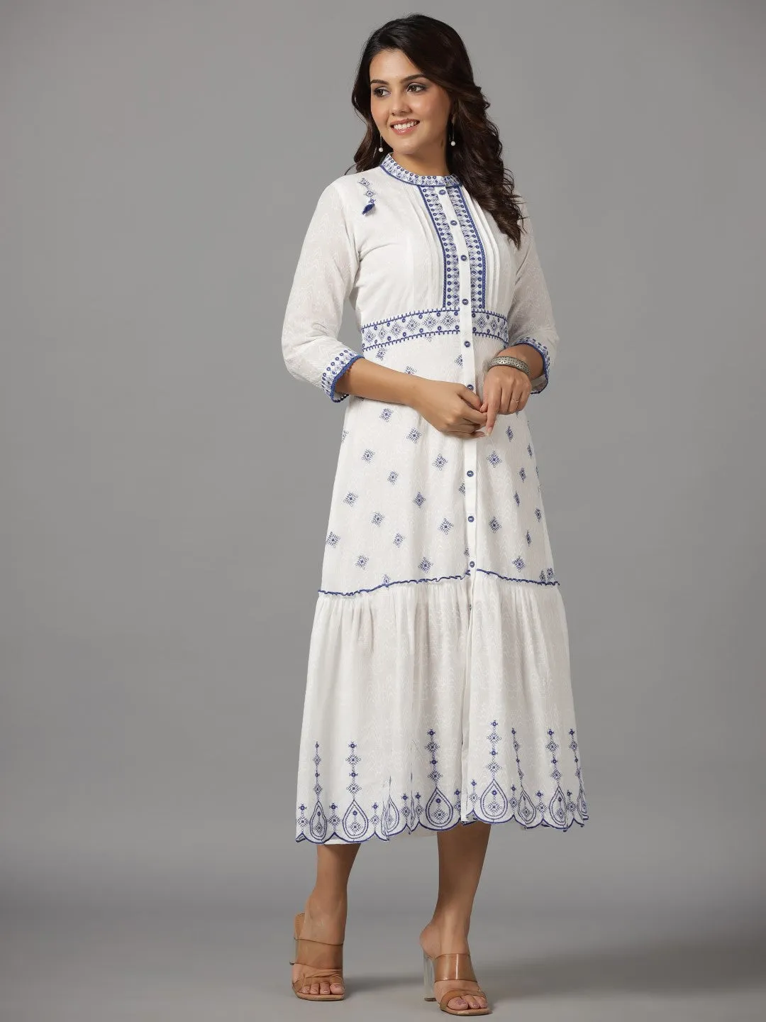 Jashvi White & Blue Cotton Dobby Ethnic Motif Embroidered Tiered Maxi Dress