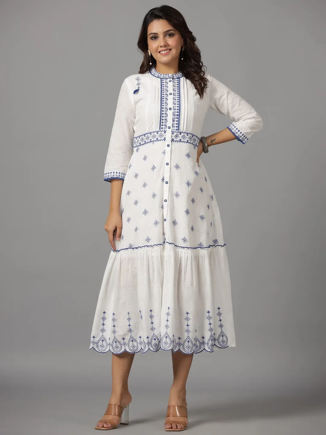 Jashvi White & Blue Cotton Dobby Ethnic Motif Embroidered Tiered Maxi Dress