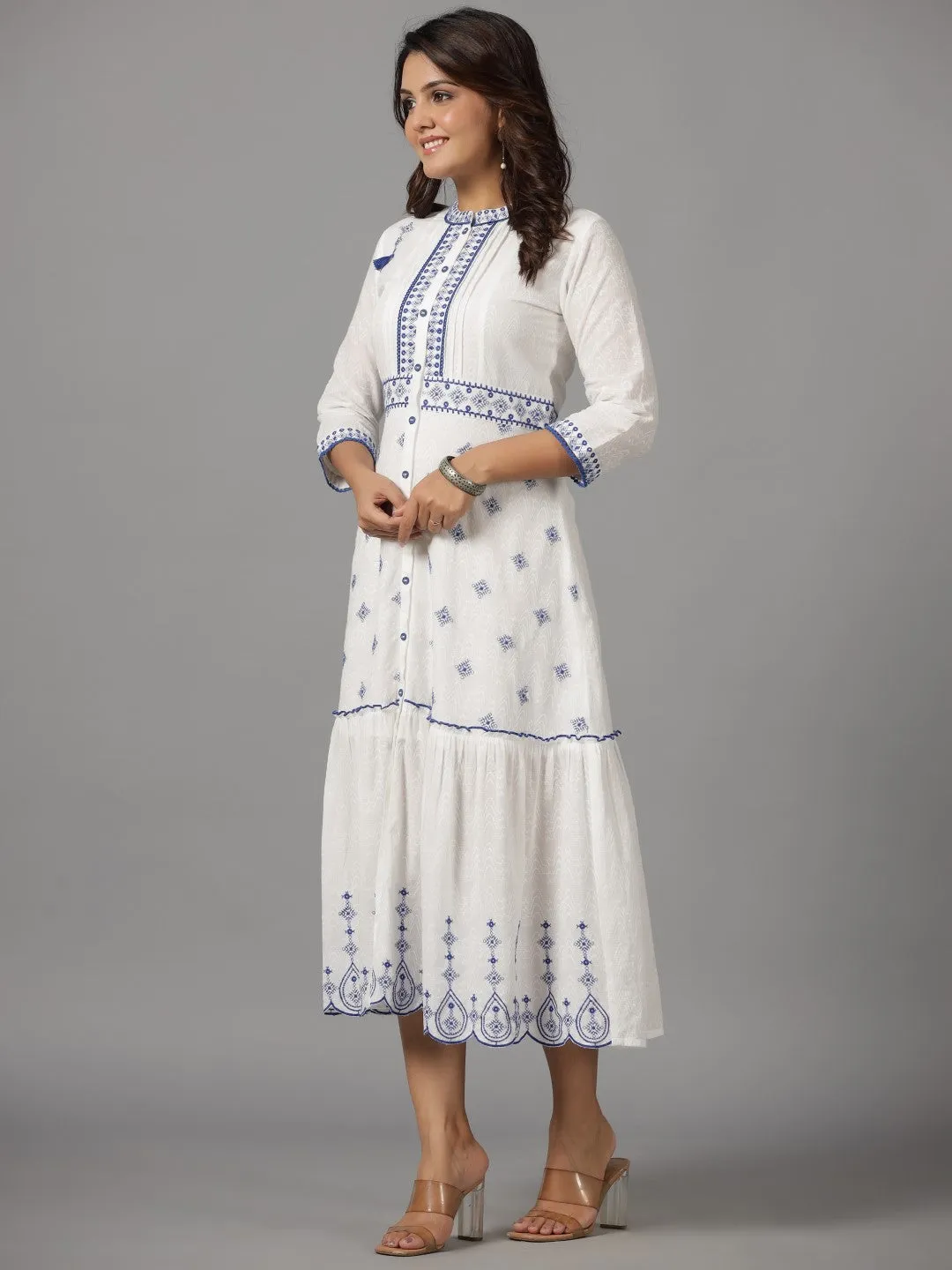 Jashvi White & Blue Cotton Dobby Ethnic Motif Embroidered Tiered Maxi Dress