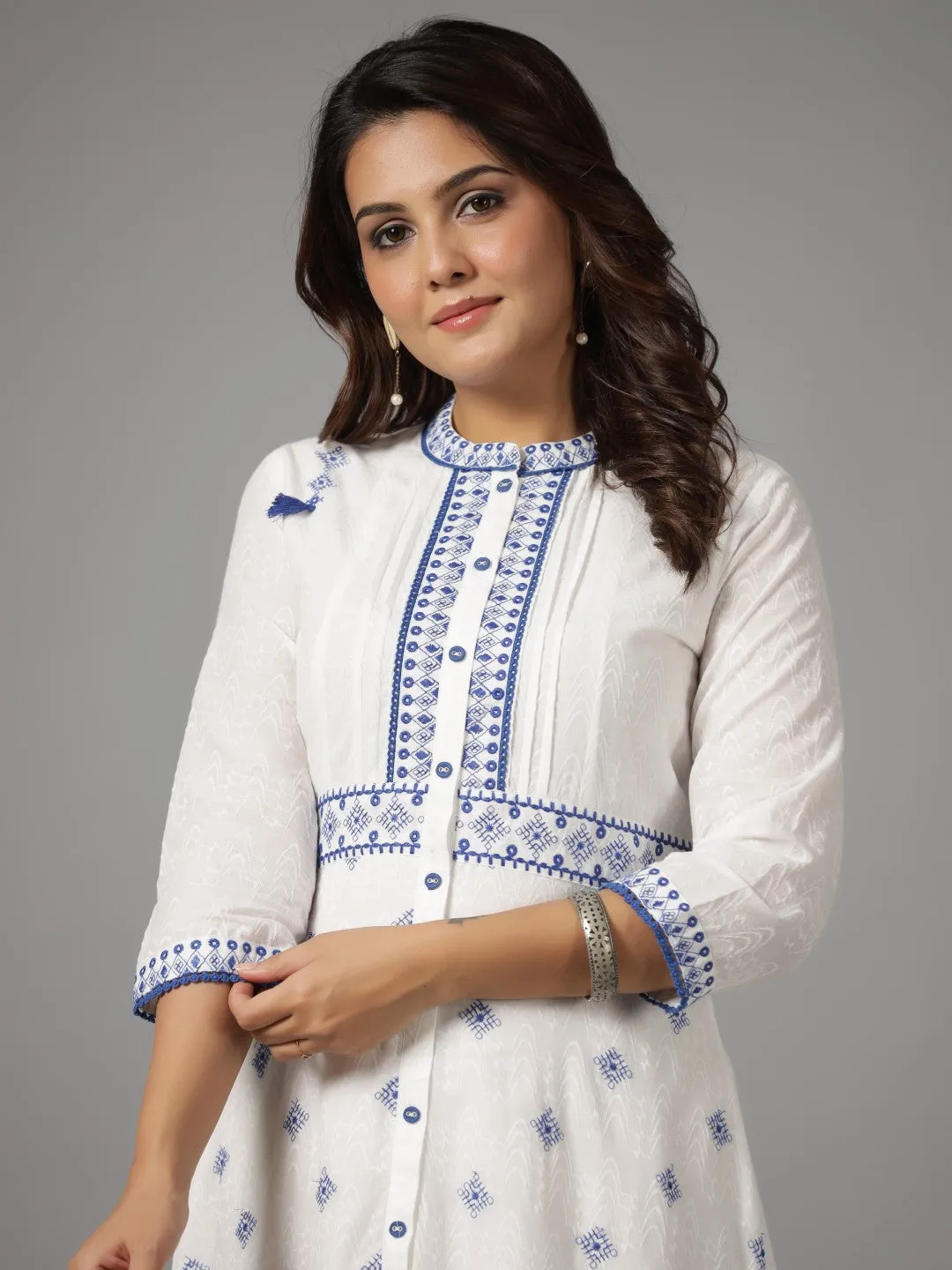 Jashvi White & Blue Cotton Dobby Ethnic Motif Embroidered Tiered Maxi Dress