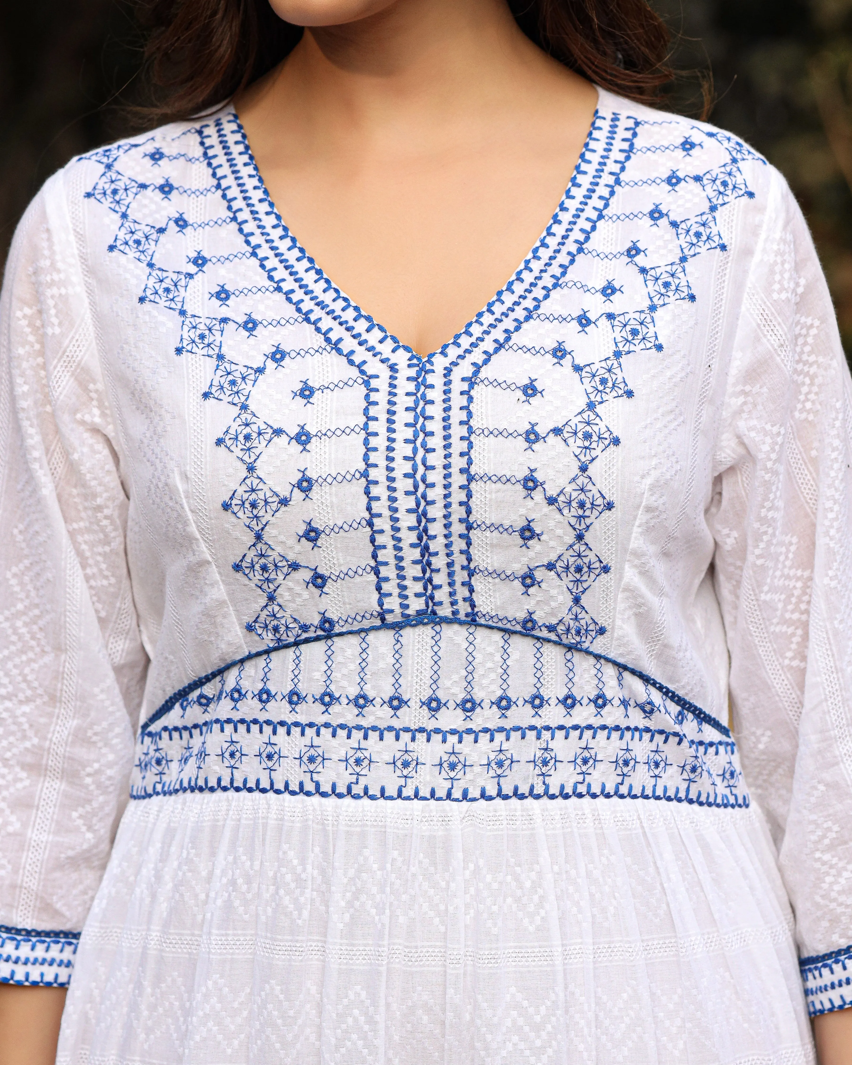 Jashvi White Geometric Embroidered Cotton Dobby  Short Dress