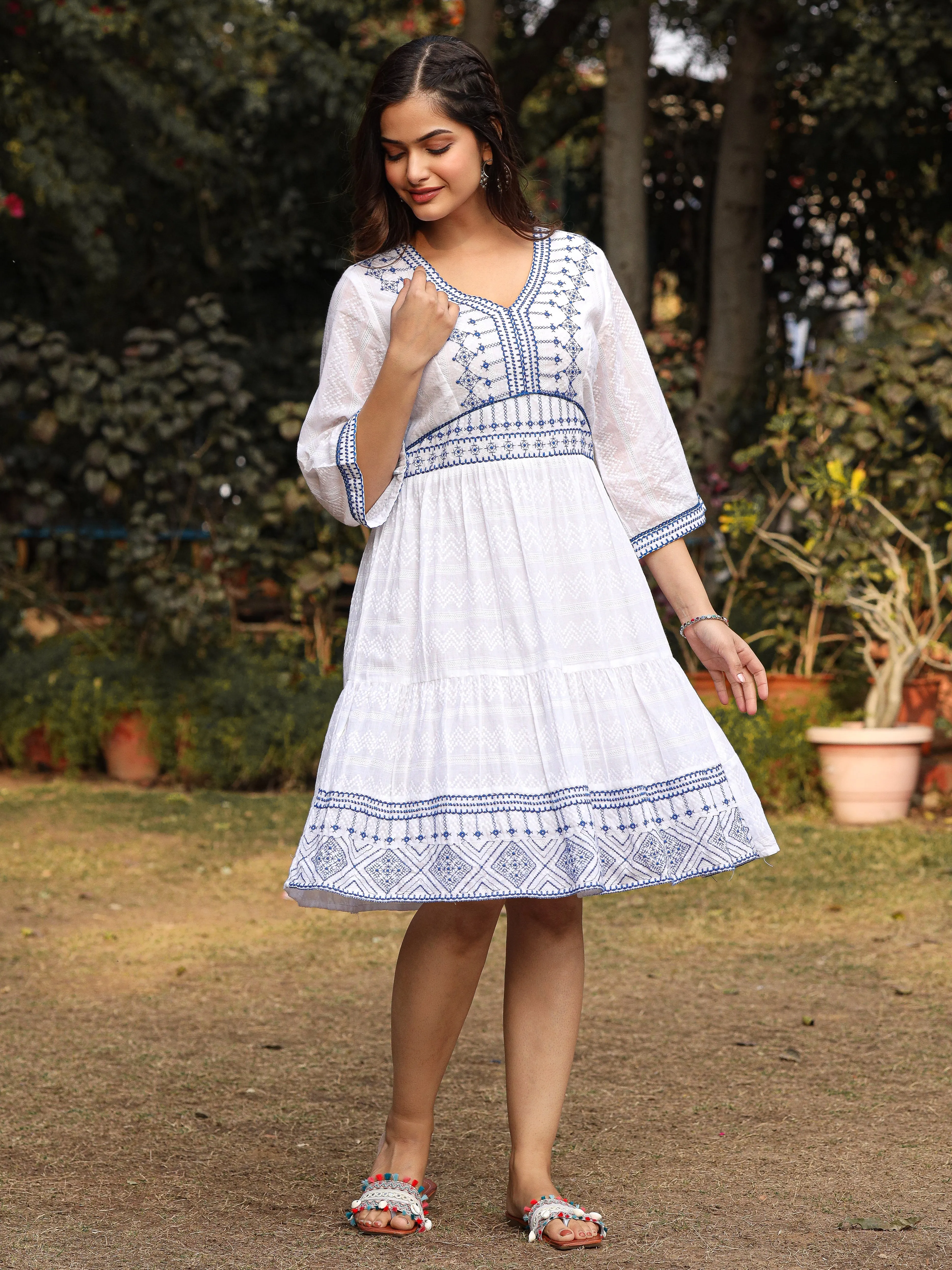 Jashvi White Geometric Embroidered Cotton Dobby  Short Dress