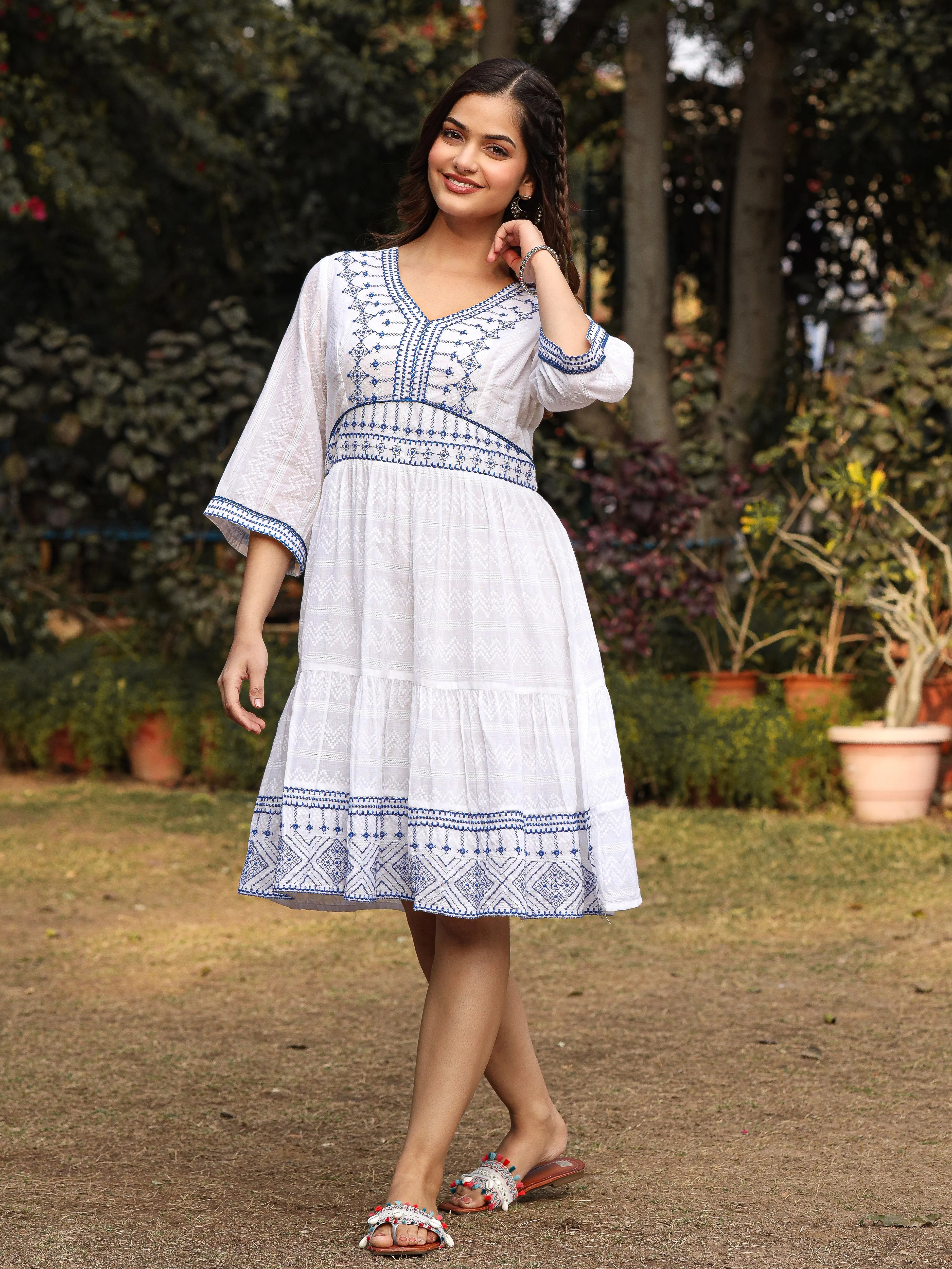 Jashvi White Geometric Embroidered Cotton Dobby  Short Dress