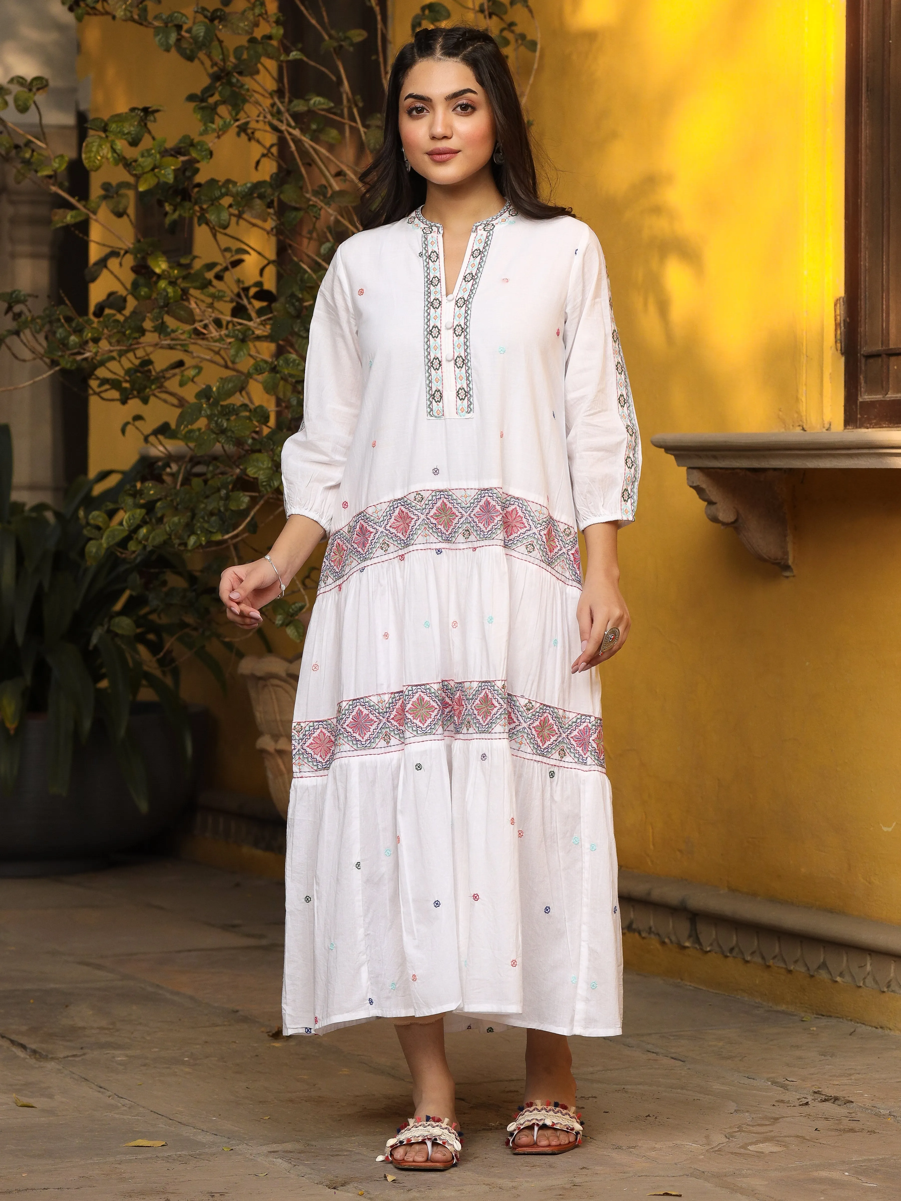 Jashvi White Pure Cotton Tiered Maxi Dress With Multi-Colored Embroidery Work