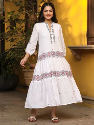 Jashvi White Pure Cotton Tiered Maxi Dress With Multi-Colored Embroidery Work