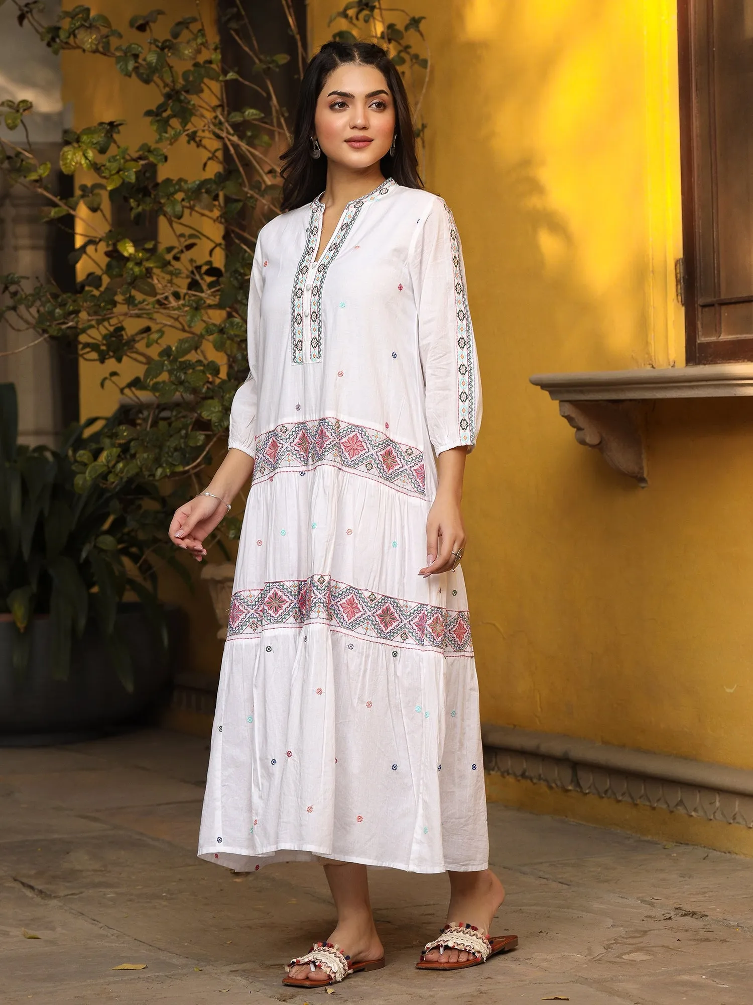 Jashvi White Pure Cotton Tiered Maxi Dress With Multi-Colored Embroidery Work