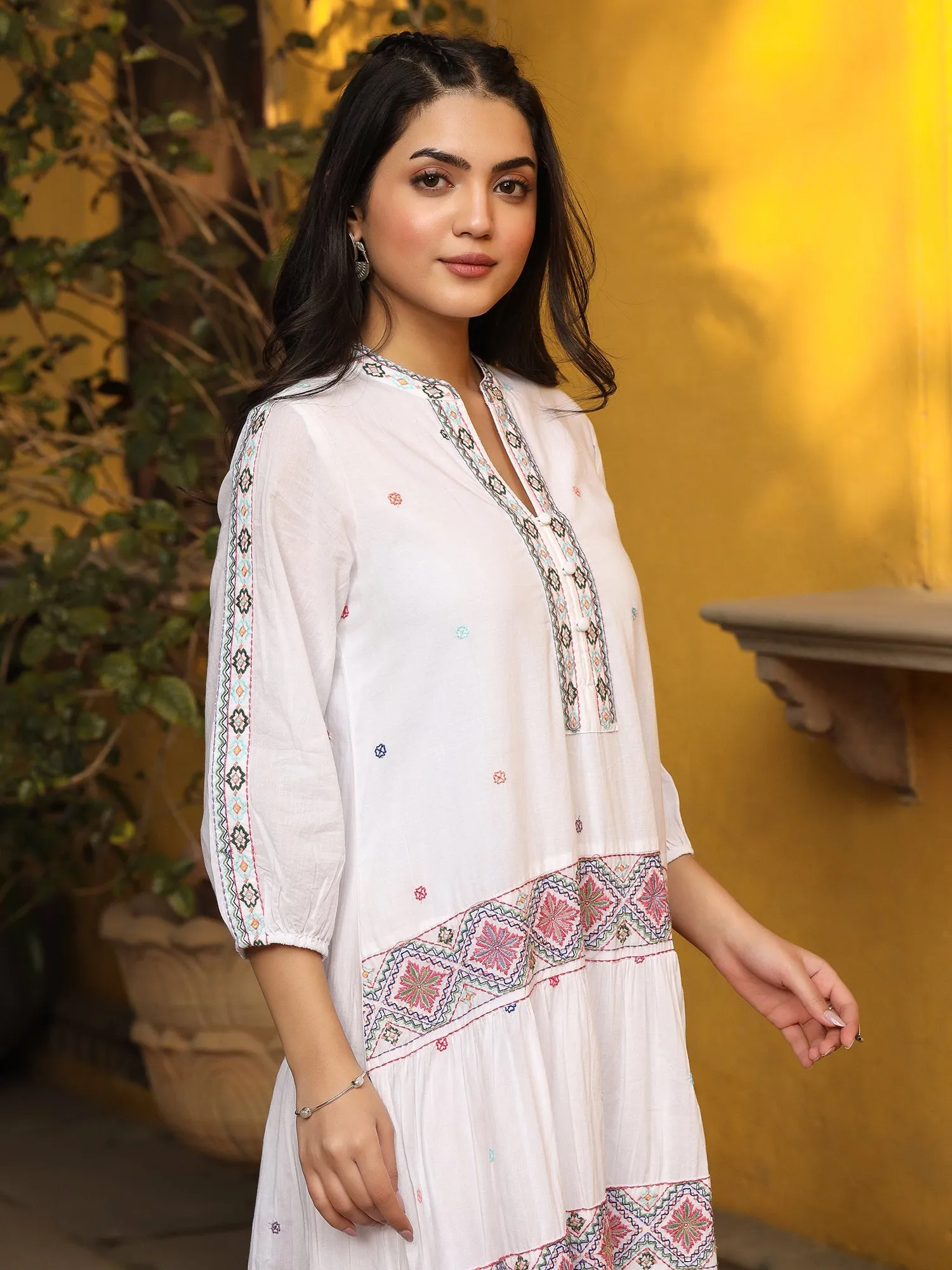 Jashvi White Pure Cotton Tiered Maxi Dress With Multi-Colored Embroidery Work