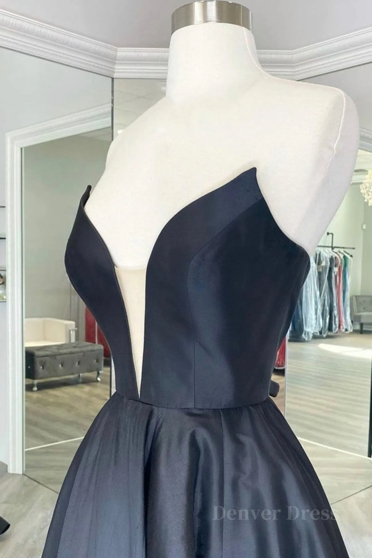 kamahe V Neck Strapless Black Satin Long Prom Dresses, Strapless Black Formal Dresses, Long Black Evening Dresses