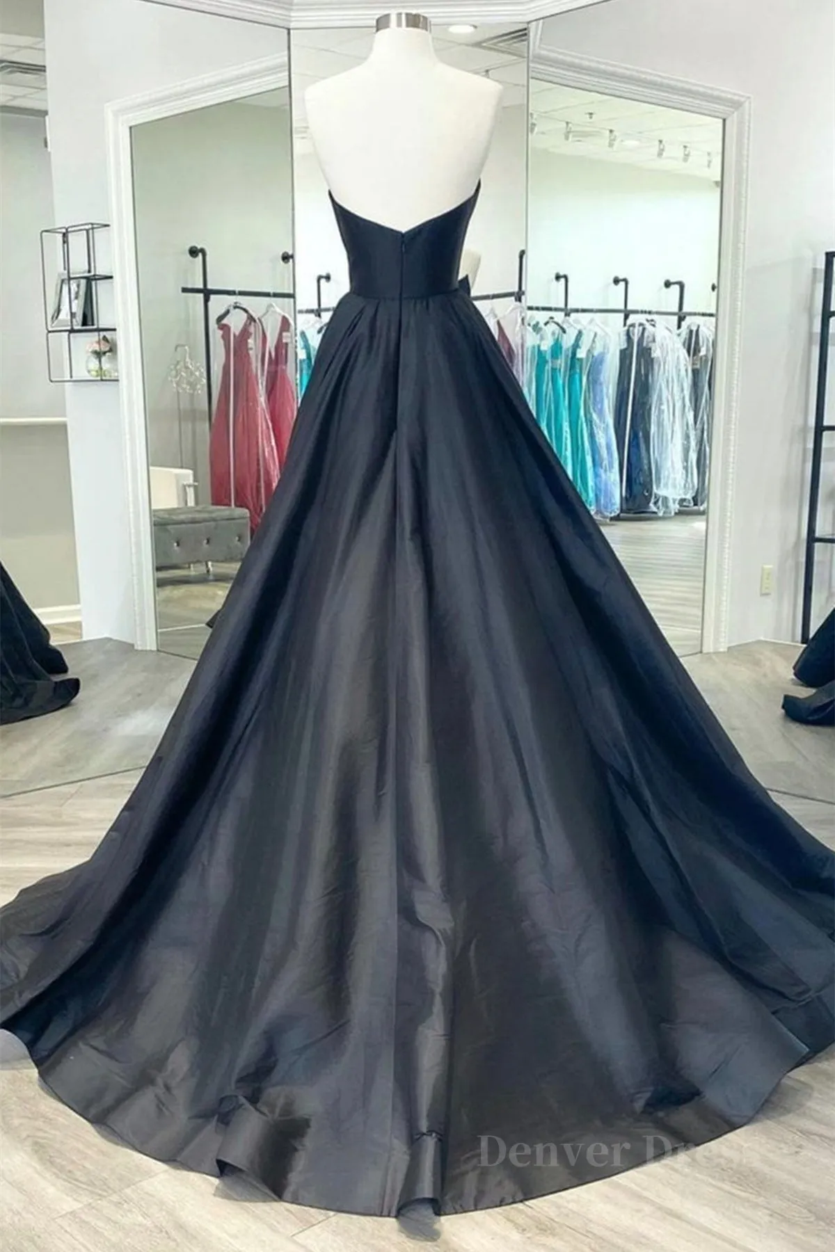 kamahe V Neck Strapless Black Satin Long Prom Dresses, Strapless Black Formal Dresses, Long Black Evening Dresses