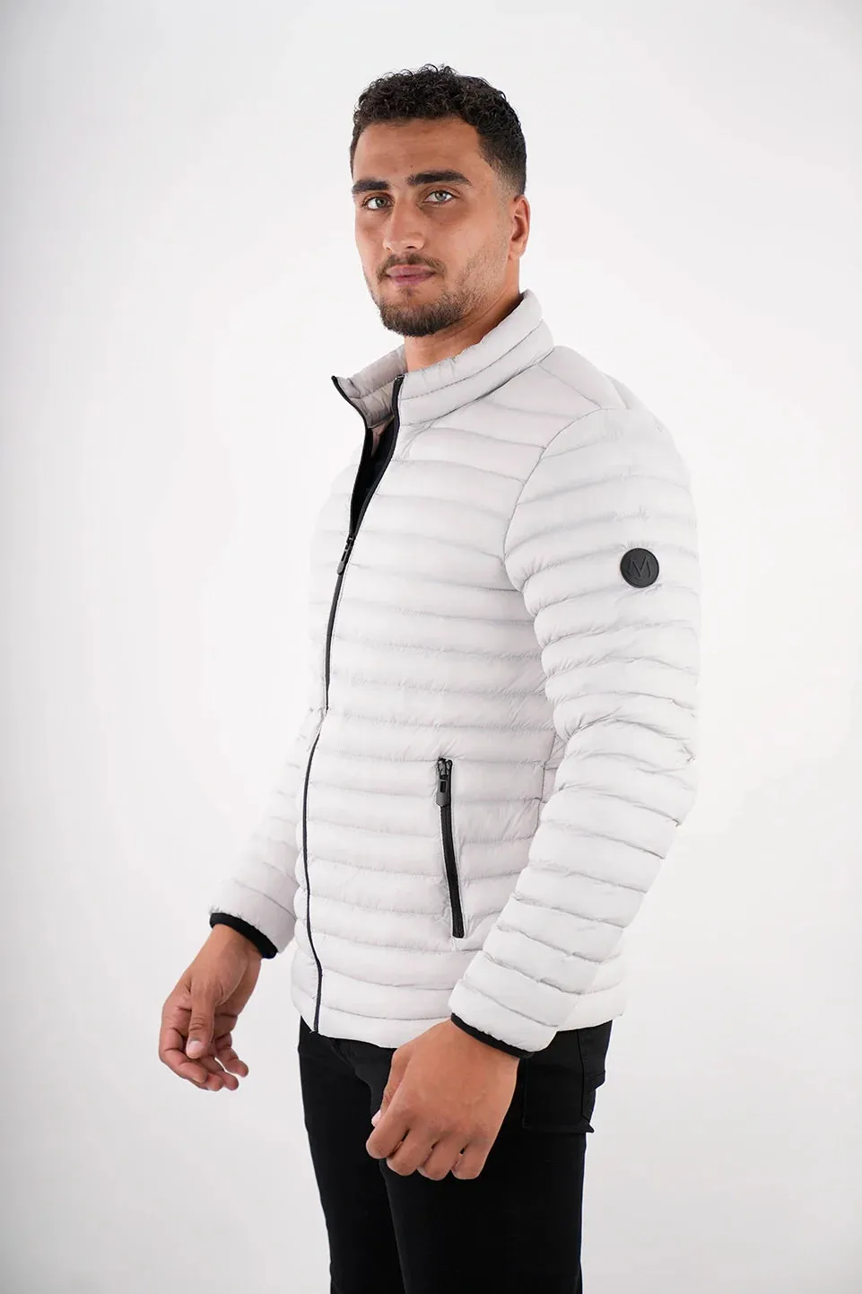 Light Grey Puffer Jacket With Zipper To Close