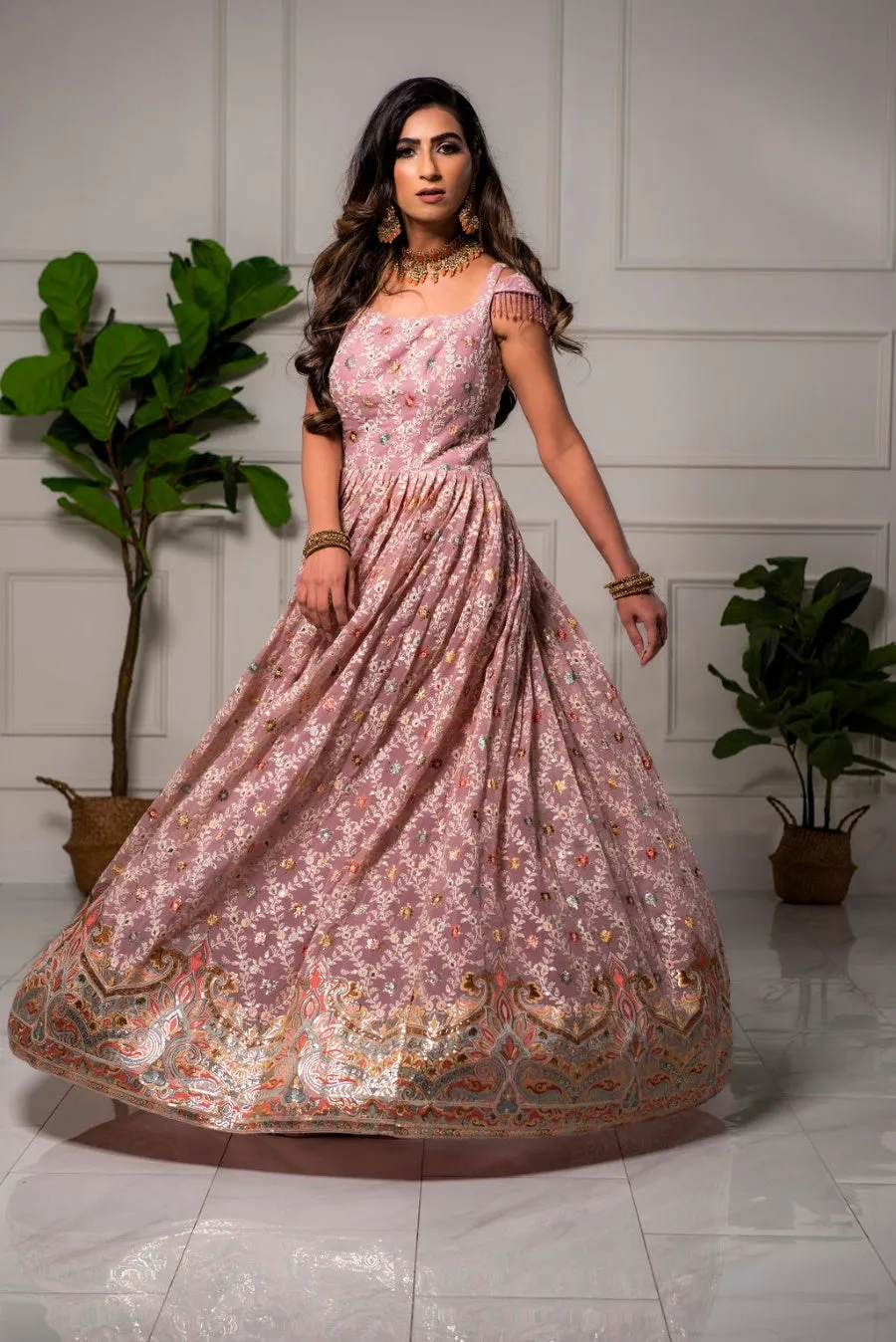 Light Mauve Pink Multi-Color Embroidered Anarkali