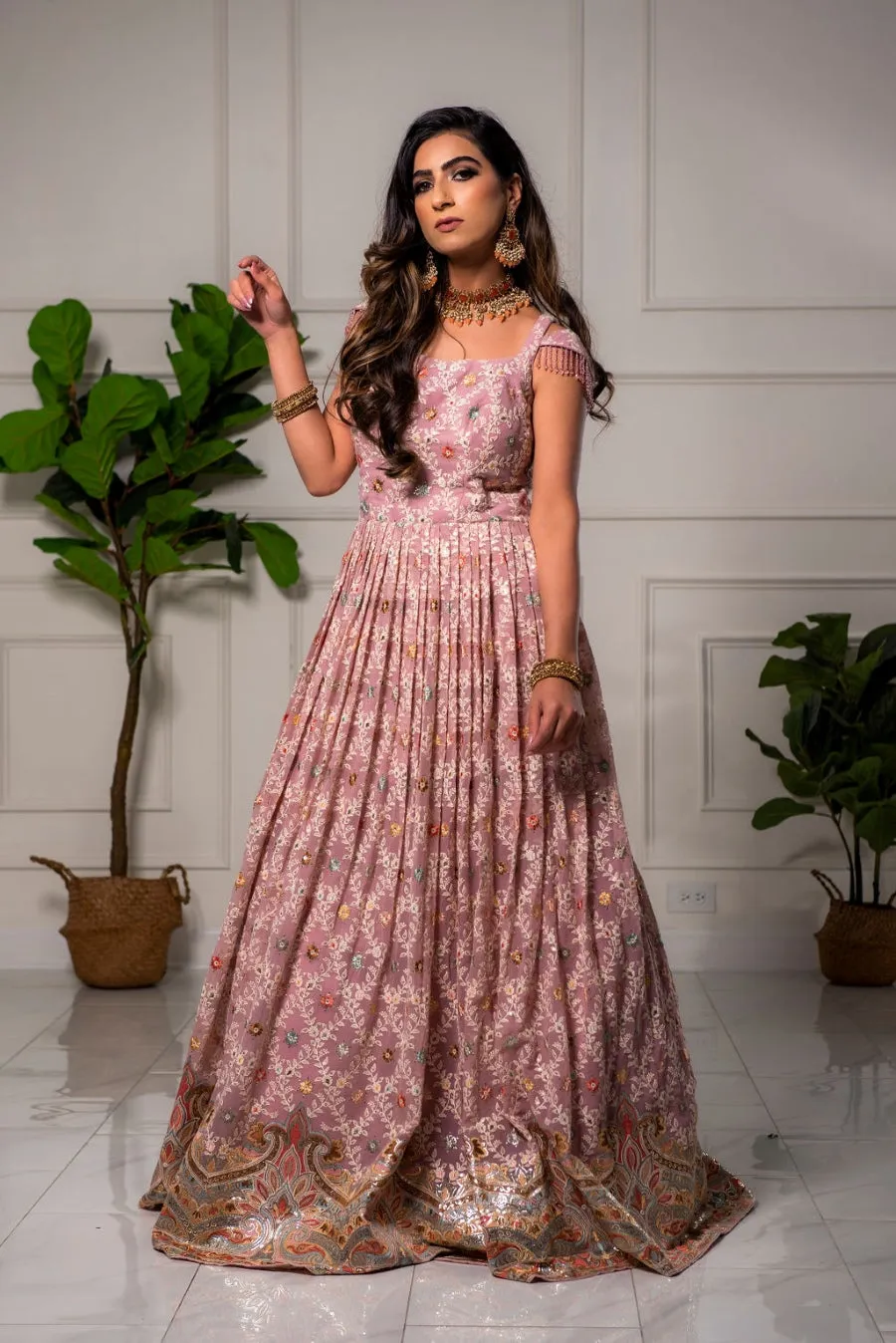 Light Mauve Pink Multi-Color Embroidered Anarkali