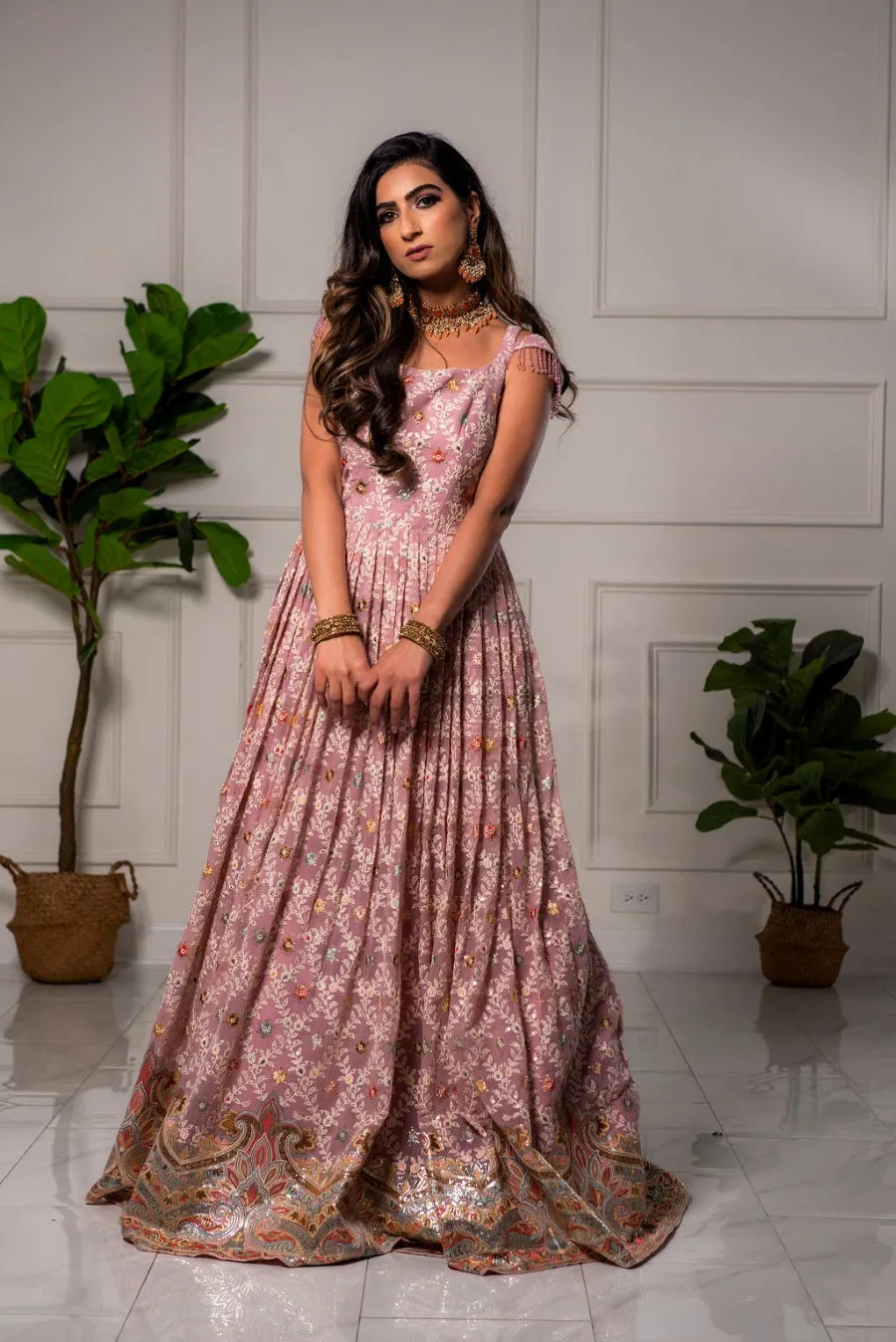 Light Mauve Pink Multi-Color Embroidered Anarkali