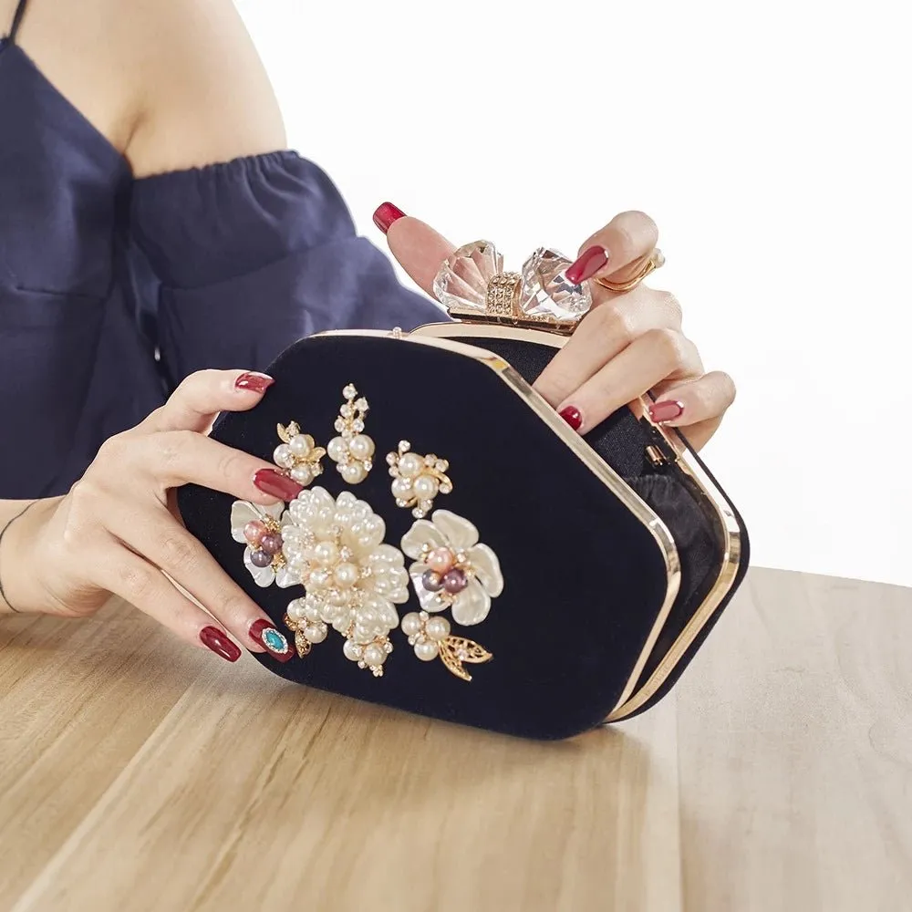 Luxy Moon Beaded Flower Velvet Evening Bag