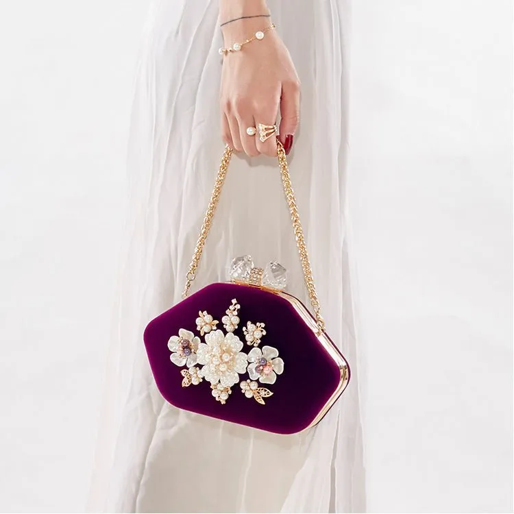 Luxy Moon Beaded Flower Velvet Evening Bag