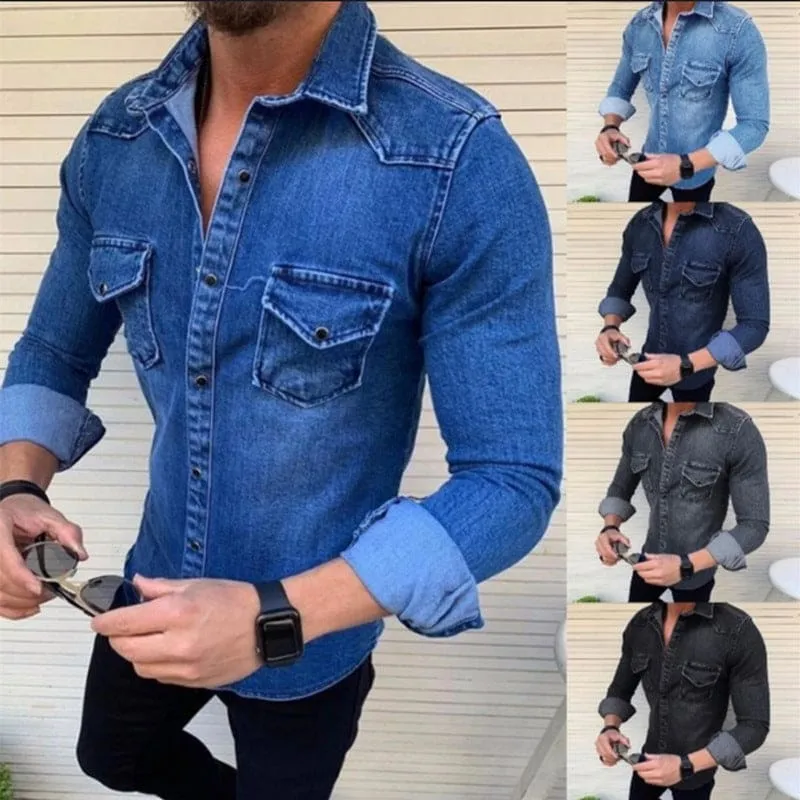 Men Flap Pocket Button Up Shoulder Pattern Denim Shirt