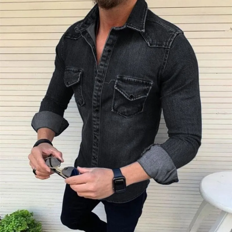 Men Flap Pocket Button Up Shoulder Pattern Denim Shirt