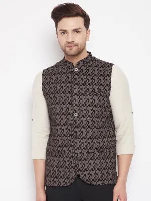 Men's Black Color Woven Nehru Jacket - Even Apparels