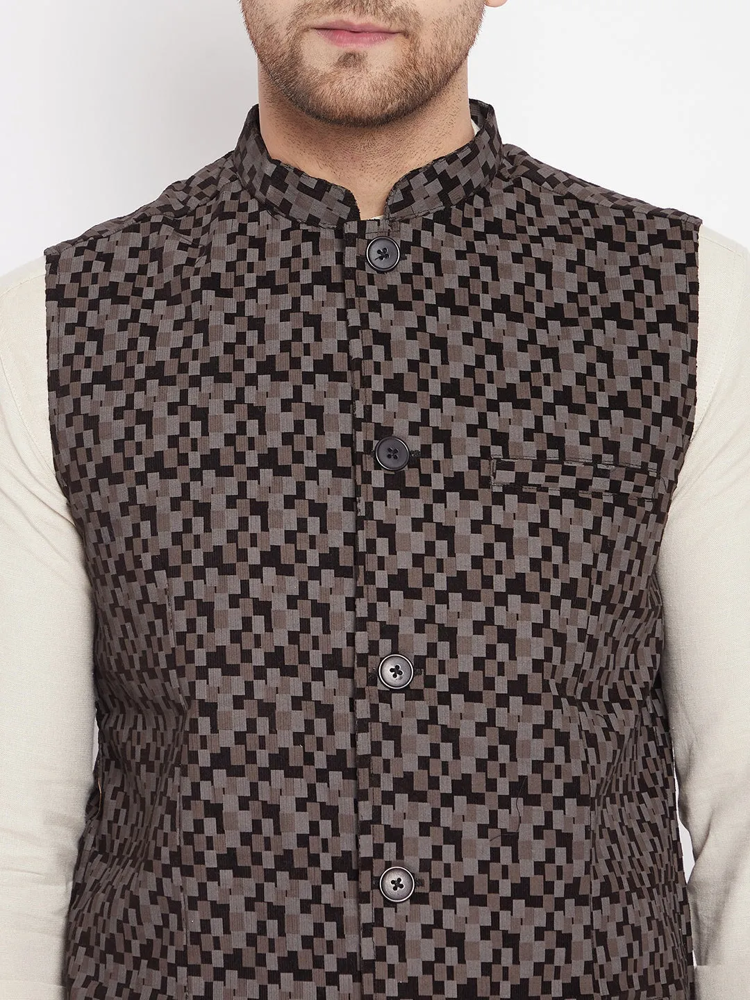 Men's Black Color Woven Nehru Jacket - Even Apparels