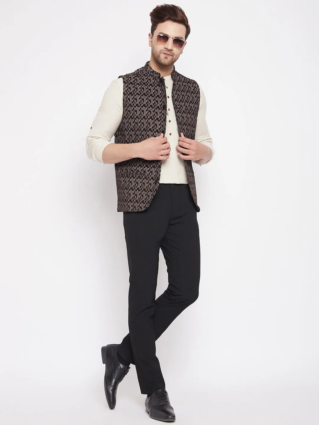 Men's Black Color Woven Nehru Jacket - Even Apparels