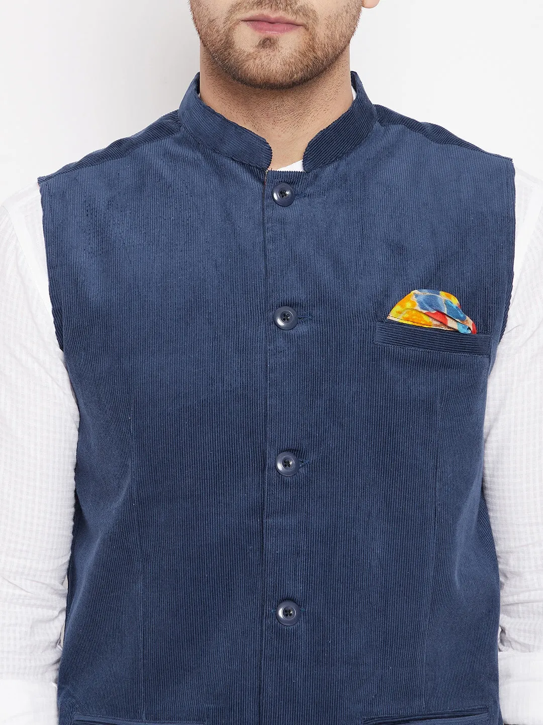 Men's Blue Color Nehru Jacket-Contrast Lining-Inbuilt Pocket Square - Even Apparels